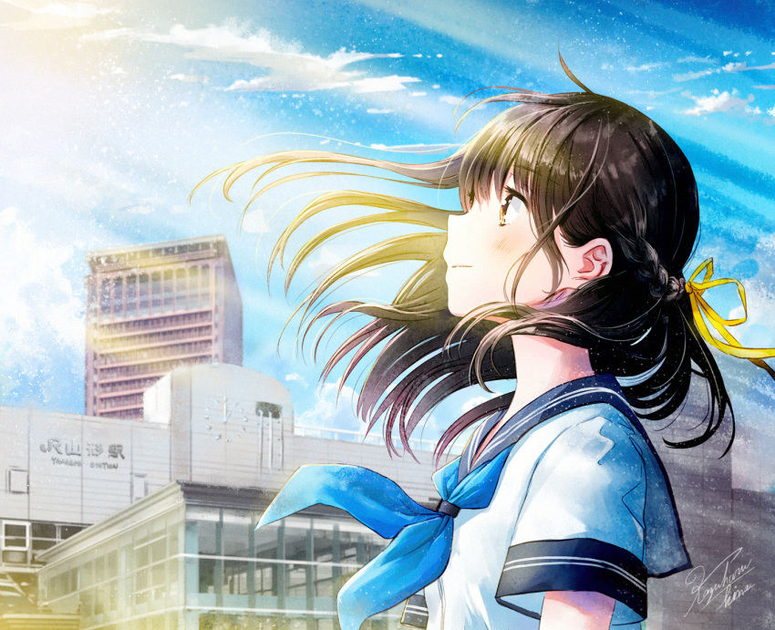 black_hair blush braids brown_eyes building city close clouds cropped kazuharu_kina long_hair original ribbons school_uniform signed sky