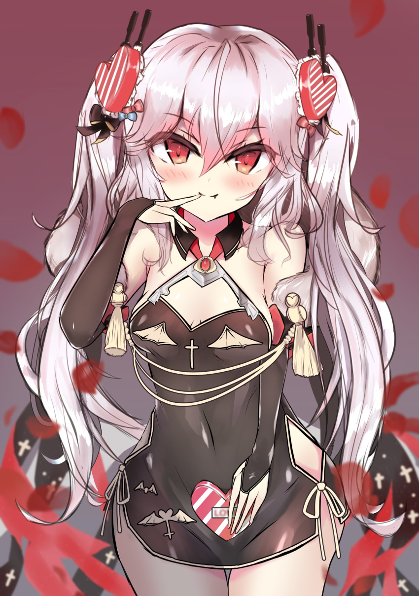 1girl azur_lane bangs bare_shoulders black_dress blush bow breasts china_dress chinese_clothes commentary_request detached_sleeves dress fang hagi0767 hair_between_eyes hair_bow hair_ornament heart heart_hair_ornament highres long_hair looking_at_viewer red_eyes silver_hair smile solo twintails valentine vampire_(azur_lane) vampire_(the_breath_of_spring)_(azur_lane) very_long_hair