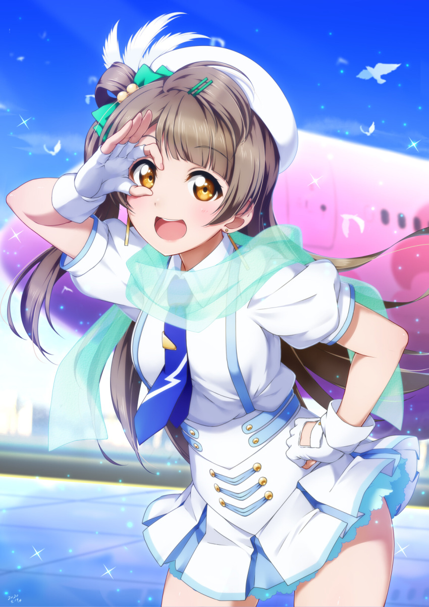 1girl :d bird blue_sky blush bow brown_hair cowboy_shot earrings eyebrows_visible_through_hair fingerless_gloves floating_hair gloves green_bow hair_bow hair_ornament hairclip hand_on_hip highres jewelry leaning_forward long_hair love_live! love_live!_school_idol_project minami_kotori miniskirt open_mouth pleated_skirt shiimai shiny shiny_hair shirt short_sleeves side_ponytail skirt sky smile solo sparkle standing suspender_skirt suspenders very_long_hair white_gloves white_shirt white_skirt wonderful_rush yellow_eyes