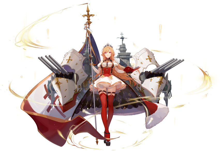 1girl ask_(askzy) azur_lane black_gloves blonde_hair book breasts cleavage cross crossed_legs detached_sleeves flag french_flag full_body fur_trim gloves gold_trim highres holding holding_book juliet_sleeves long_hair long_sleeves maltese_cross medium_breasts official_art open_book puffy_sleeves purple_eyes red_legwear richelieu_(azur_lane) rigging skindentation skirt solo thigh_strap thighhighs transparent_background turret watson_cross white_skirt zettai_ryouiki