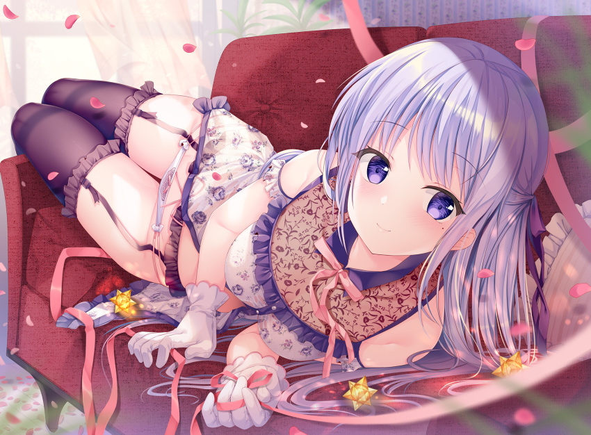 1girl bangs black_legwear blush bow bow_panties breasts couch curtains day eyebrows_visible_through_hair frilled_legwear garter_belt garter_straps gloves hair_ribbon half_updo highres hiiraki_asuka indoors long_hair looking_at_viewer lying medium_breasts mole mole_under_eye on_couch on_side original panties petals pink_bow pink_ribbon purple_eyes purple_hair purple_ribbon ribbon sidelocks skindentation solo sousouman thighhighs underwear white_gloves white_panties window