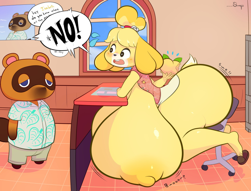 absurd_res aloha_shirt animal_crossing anthro better_version_at_source big_breasts blush bored breast_expansion breasts butt_expansion canid canine canis chair dialogue domestic_dog duo english_text female food fruit furniture hi_res huge_breasts hyper hyper_breasts inside isabelle_(animal_crossing) looking_at_another male mammal nintendo onomatopoeia peach_(fruit) plant raccoon_dog shih_tzu shmeepo sound_effects standing swivel_chair tanuki text tom_nook_(animal_crossing) toy_dog video_games window worried