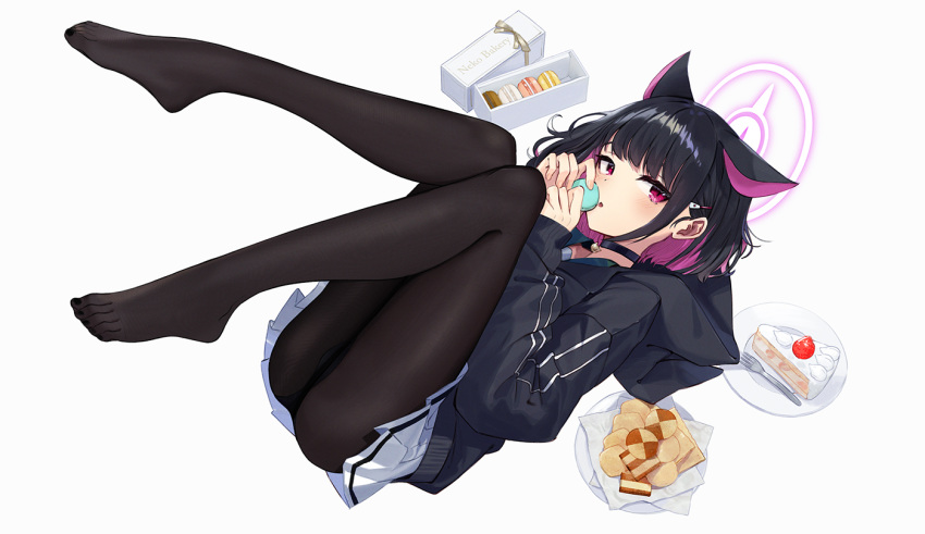 1girl ass black_hair black_jacket black_pantyhose blue_archive blush colored_inner_hair commentary extra_ears food hair_ornament hairclip holding holding_food hood hooded_jacket jacket kazusa_(blue_archive) long_sleeves macaron multicolored_hair pantyhose parted_lips pink_hair pleated_skirt ranyu red_eyes short_hair skirt solo symbol-only_commentary white_skirt