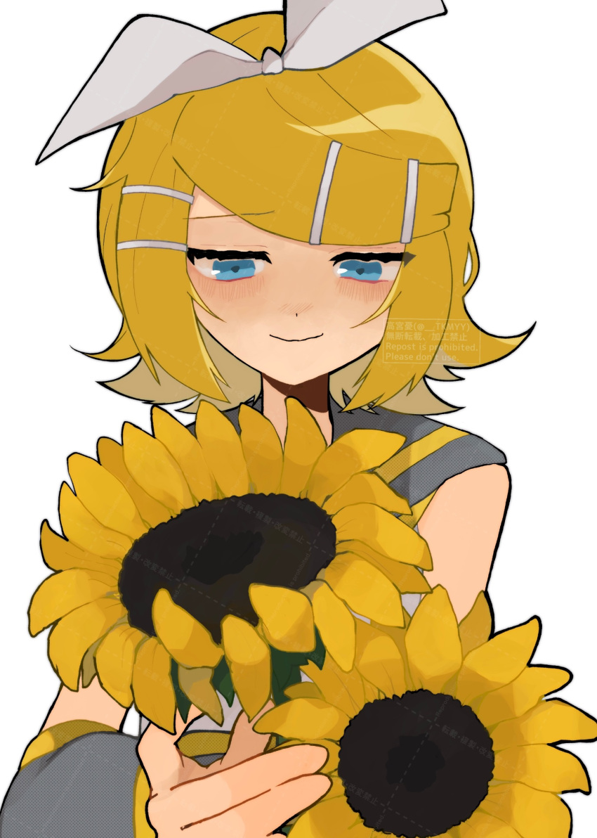 1girl bare_shoulders blonde_hair blue_eyes blush bow detached_sleeves flower grey_sailor_collar grey_sleeves hair_bow hair_ornament hairclip half-closed_eyes halftone highres holding holding_flower kagamine_rin looking_down sailor_collar shirt short_hair skinny sleeveless sleeveless_shirt smile solo sunflower swept_bangs takamiya_yuu vocaloid watermark wavy_eyes wavy_mouth white_bow