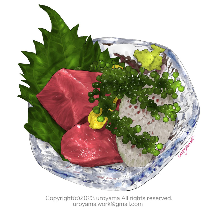 artist_name bowl copyright_notice email_address fish_(food) food food_focus highres leaf no_humans original sashimi simple_background tuna uroyama_(macrophage) white_background