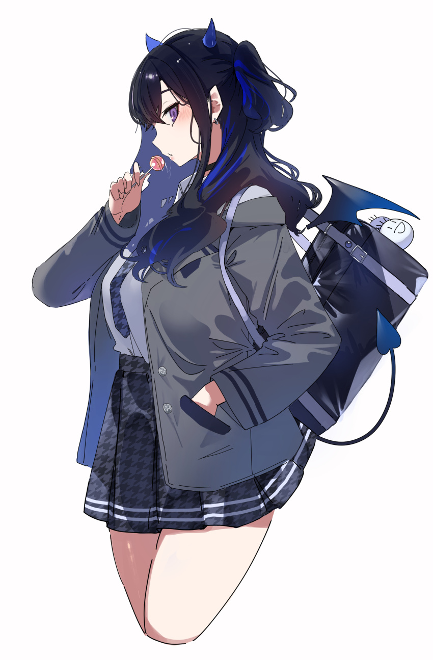 1girl :o absurdres bag black_collar black_hair black_skirt blazer blue_hair blue_horns blue_necktie blue_wings breasts candy collar cropped_legs demon_girl demon_horns demon_tail demon_wings dress_shirt earrings food from_side gradient_wings grey_jacket hair_between_eyes hand_in_pocket highres horns houndstooth ichinose_uruha ichinose_uruha_(6th_costume) jacket jewelry large_breasts lollipop long_hair long_sleeves looking_at_viewer mini_wings miniskirt multicolored_hair multicolored_wings necktie official_alternate_costume official_alternate_hairstyle open_clothes open_jacket pleated_skirt print_necktie print_skirt purple_eyes saliva saliva_trail school_bag school_uniform shiro_marimo shirt simple_background skirt solo standing streaked_hair tail two_side_up virtual_youtuber vspo! white_background white_shirt wing_collar wings