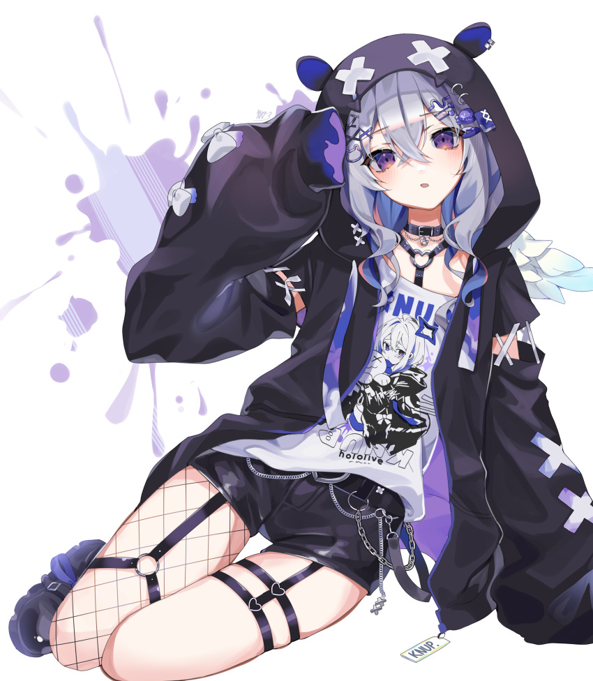 1girl absurdres amane_kanata amane_kanata_(6th_costume) angel_wings animal_hood arm_support bear_hair_ornament black_collar black_footwear black_jacket black_shorts blue_hair blue_wings blush boots character_print chest_harness collar colored_inner_hair commentary crossed_bangs detached_sleeves double-parted_bangs feathered_wings fishnet_pantyhose fishnets full_body gradient_wings grey_hair hair_ornament hairclip hand_up harness heart_o-ring highres hololive hood hooded_jacket jacket long_sleeves looking_at_viewer medium_hair mini_wings multicolored_hair multicolored_wings o-ring o-ring_harness o-ring_thigh_strap official_alternate_costume official_alternate_hairstyle open_clothes open_jacket open_mouth paint_splatter pantyhose print_shirt puffy_long_sleeves puffy_sleeves punk purple_eyes self_character_print shirt short_shorts shorts single_leg_pantyhose sitting sleeves_past_fingers sleeves_past_wrists solo thigh_strap virtual_youtuber wavy_hair white_shirt white_wings wings x_hair_ornament xivi9 yokozuwari