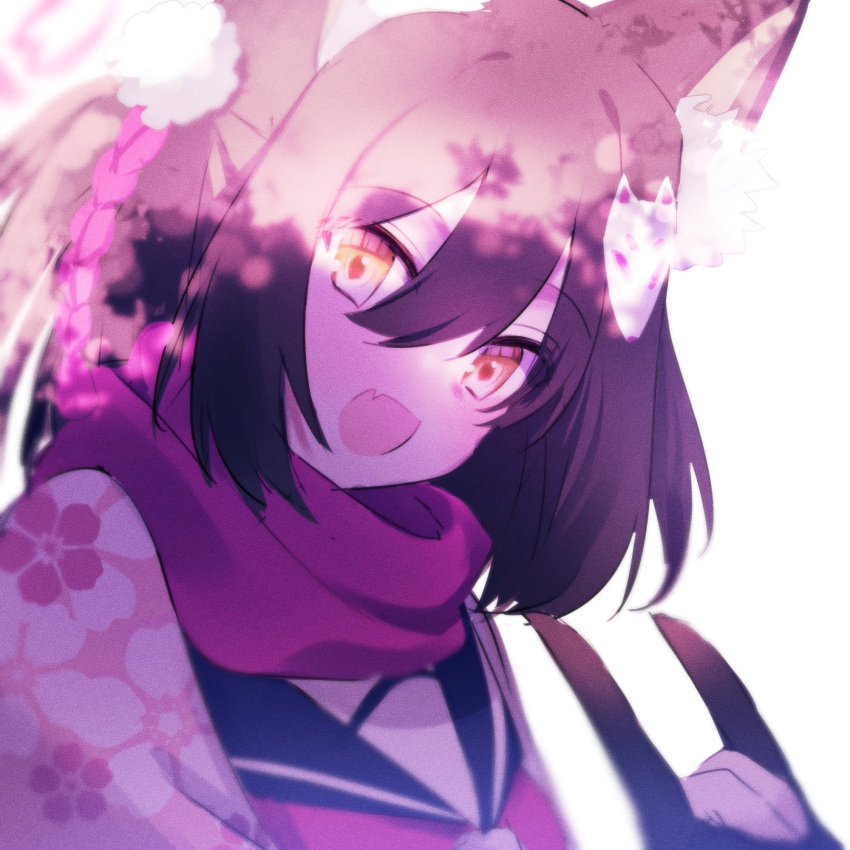 1girl :d \m/ animal_ears black_sailor_collar blue_archive brown_hair cherry_blossom_print close-up commentary_request dappled_sunlight fang floral_print fox_ears fox_girl fox_mask hair_between_eyes hair_ornament happy highres izuna_(blue_archive) looking_at_viewer mask mask_on_head medium_hair momokokuma open_mouth pom_pom_(clothes) pom_pom_hair_ornament red_scarf sailor_collar scarf simple_background skin_fang smile solo sunlight white_background yellow_eyes