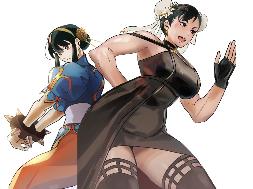 2girls absurdres back-to-back black_dress black_hair blush bracelet breasts bun_cover china_dress chinese_clothes chun-li cosplay costume_switch double_bun dress earrings gold_earrings gold_hairband hair_bun hair_horns hairband highres jewelry large_breasts long_hair meke_(77842928) multiple_girls muscular red_eyes short_hair spiked_bracelet spikes spy_x_family street_fighter street_fighter_6 two-sided_dress two-sided_fabric yor_briar