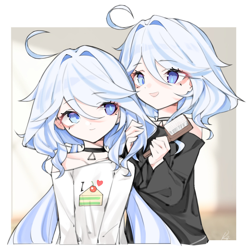 2girls absurdres ahoge black_choker black_shirt blue_eyes blue_hair choker closed_mouth comb error1980 focalors_(genshin_impact) furina_(genshin_impact) genshin_impact hair_between_eyes hair_intakes heterochromia highres holding holding_comb long_hair long_sleeves looking_at_another mismatched_pupils multiple_girls open_mouth shirt smile twintails white_shirt wide_sleeves