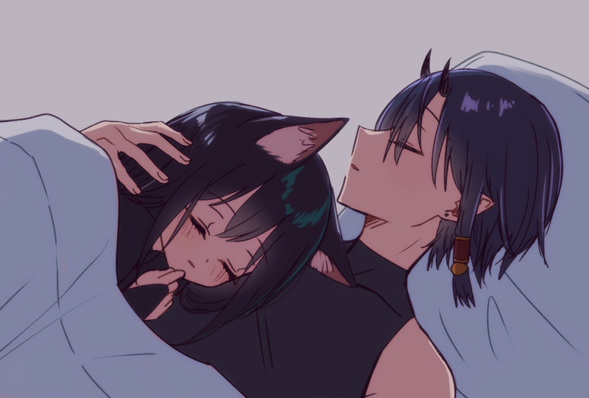 1boy 1girl animal_ears black_hair cat_ears cat_girl closed_eyes hand_on_another's_head head_on_chest head_on_pillow highres horns original pillow sese_nagi single_hair_tube sleeping under_covers