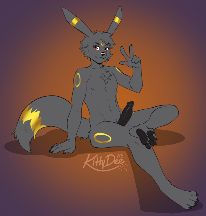 animal_humanoid anthro anthrofied black_body black_body_hair black_fur black_nose black_pawpads canid canine casual_nudity chest_tuft claws confident ears_up eeveelution erection feet finger_claws fingers foot_on_knee fur generation_2_pokemon genitals gesture hi_res humanoid kittydee leaning_on_table looking_at_viewer male mammal mammal_humanoid markings nintendo nude pawpads penis pokemon pokemon_(species) pokemorph red_eyes scruffy sitting slim smile solo tail tail_markings toe_claws toes tuft umbreon v_sign waving yellow_markings