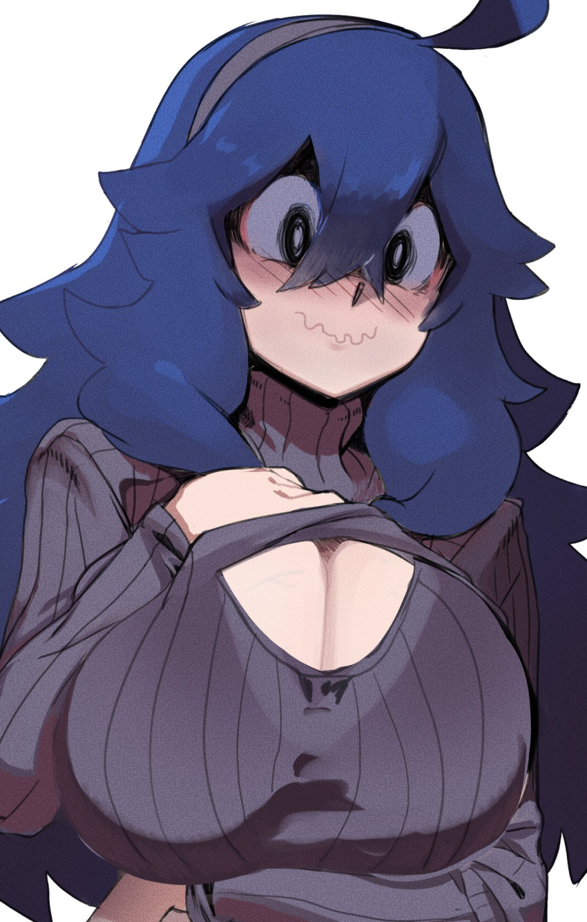 1girl alternate_breast_size black_eyes blue_hair blush breast_hold breasts cleavage_cutout clothing_cutout embarrassed hair_between_eyes hairband hand_on_own_chest hex_maniac_(pokemon) highres huge_breasts long_hair long_sleeves pokemon pokemon_xy purple_sweater sho-n-d simple_background solo sweater turtleneck turtleneck_sweater veins veiny_breasts wavy_hair wavy_mouth white_background