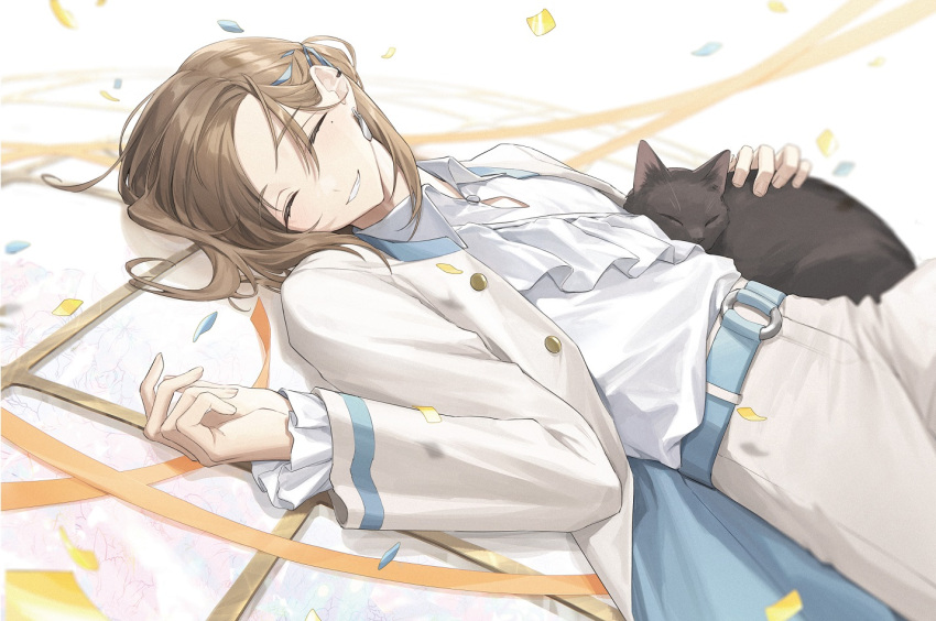 1boy ^_^ animal_on_stomach belt black_cat blue_belt blue_ribbon braid brown_hair buttons cat closed_eyes confetti cowboy_shot earclip earrings facing_to_the_side facing_viewer french_braid frilled_shirt frilled_sleeves frills grin hair_ribbon jacket jewelry kanae_(nijisanji) long_sleeves lying male_focus medium_hair mole mole_under_eye multicolored_clothes multicolored_jacket nijisanji o-ring o-ring_belt official_alternate_costume on_back pants ribbon ribbon_braid shirt shirt_tucked_in smile solo streamers swept_bangs two-tone_jacket usuke_(u_skeeep) virtual_youtuber white_background white_jacket white_pants white_shirt