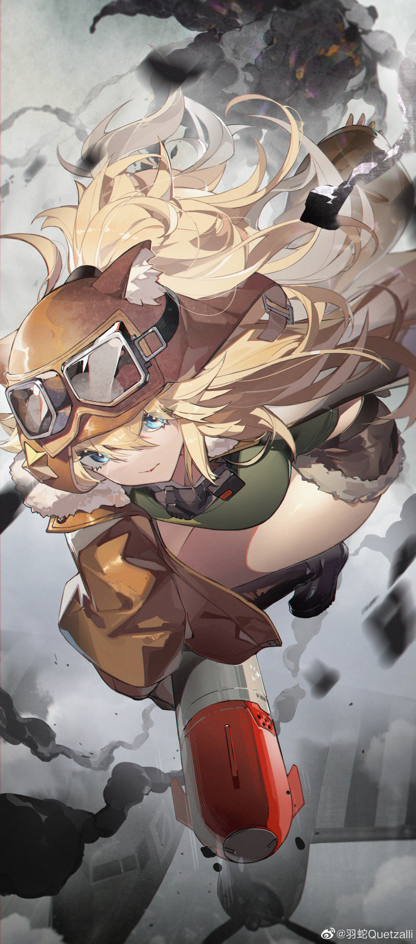 1girl :&gt; absurdres animal_ear_headwear aviator_cap black_footwear blonde_hair blue_eyes boots breasts brown_headwear brown_jacket brown_shorts camisole cleavage full_body goggles goggles_on_headwear green_camisole grey_background highres jacket knee_boots large_breasts lilya_(reverse:1999) long_hair looking_at_viewer mask mask_around_neck missile oxygen_mask reverse:1999 shorts solo weibo_logo weibo_username yushe_quetzalli