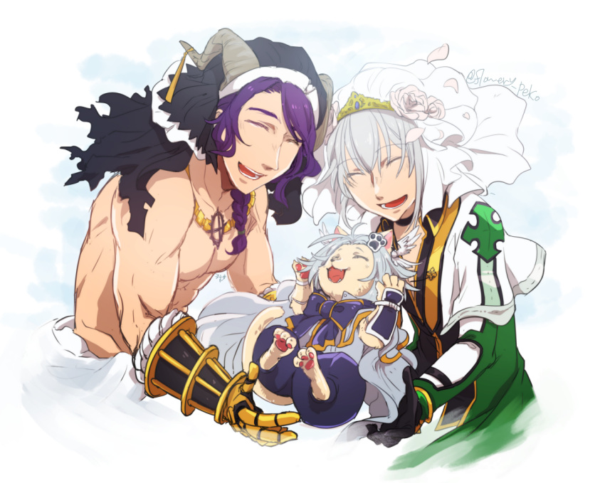 3boys arch_bishop_(ragnarok_online) black_choker black_gloves black_shirt bow bowtie cape capelet cat_boy choker closed_eyes coat coif commentary_request cross cross_of_prontera fake_horns flower flowery_peko furry furry_male gauntlets gloves gold_trim green_coat grey_cape grey_hair grey_horns hair_flower hair_ornament horns jewelry long_hair male_focus medium_bangs multiple_boys muscular muscular_male necklace official_alternate_costume open_mouth pants paw_hair_ornament pectorals purple_bow purple_bowtie purple_hair purple_pants ragnarok_online rose shirt short_hair smile summoner_(ragnarok_online) sura_(ragnarok_online) swept_bangs tiara topless_male upper_body vambraces very_long_hair white_capelet white_flower white_rose