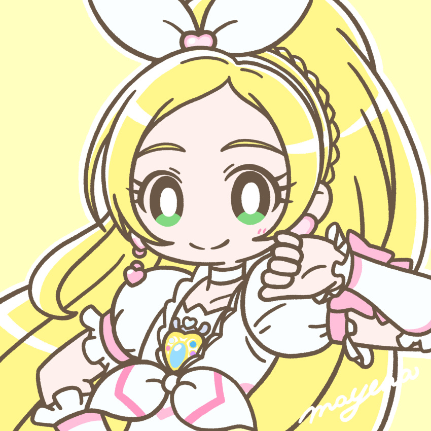 1girl blonde_hair blush bow bright_pupils brooch choker clenched_hand closed_mouth cure_rhythm earrings eyelashes frills green_eyes hair_bow hair_ornament hand_on_own_hip heart heart_earrings highres jewelry long_hair looking_at_viewer magical_girl mayena minamino_kanade outline ponytail precure puffy_short_sleeves puffy_sleeves ribbon short_sleeves signature simple_background smile solo suite_precure upper_body white_choker white_outline white_pupils white_ribbon wrist_cuffs yellow_background