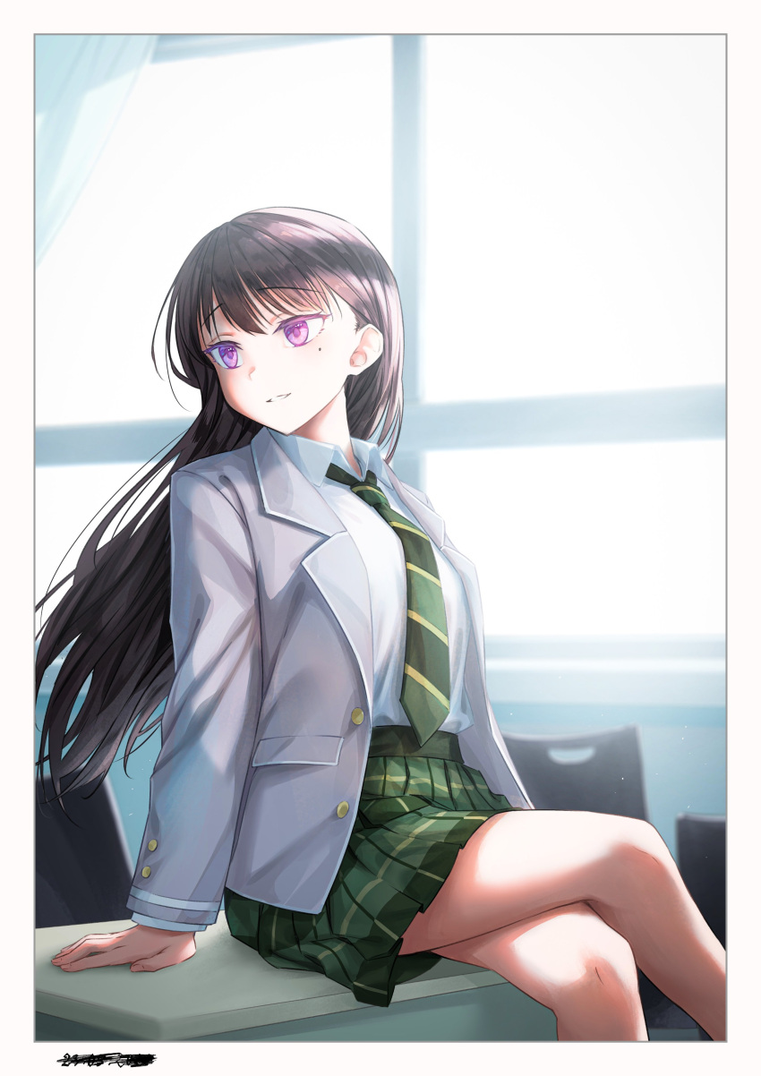 1girl absurdres alternate_costume bang_dream! bang_dream!_it's_mygo!!!!! blazer border brown_hair buttons chair classroom collared_shirt colored_eyelashes desk green_necktie green_skirt grey_jacket haneoka_school_uniform highres jacket light_smile long_hair looking_to_the_side mole mole_under_eye necktie on_desk open_clothes open_jacket plaid plaid_skirt pleated_skirt purple_eyes raito_taisha school_chair school_desk school_uniform scribble shiina_taki shirt sitting sitting_on_desk skirt solo striped_necktie white_border white_shirt window