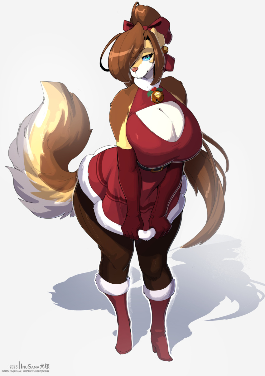 absurd_res anthro big_breasts breasts canid canine canis cleavage clothed clothing domestic_dog female footwear fur hair hi_res inu-sama looking_at_viewer mammal pupils shadow shoes simple_background smile solo white_background