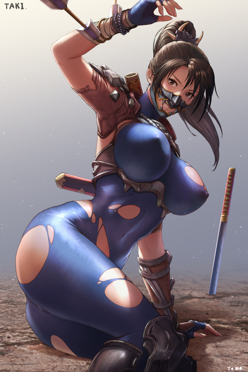 1girl absurdres armor artist_name ass blue_bodysuit bodysuit breasts brown_eyes brown_hair commentary covered_nipples dirt gloves highres impossible_bodysuit impossible_clothes large_breasts looking_at_viewer mask navel ninja on_ground ponytail scabbard sheath short_sword simple_background sitting skin_tight solo soulcalibur soulcalibur_vi sword taki_(soulcalibur) thighs tomo_eokaiteru torn_clothes weapon whip_sword