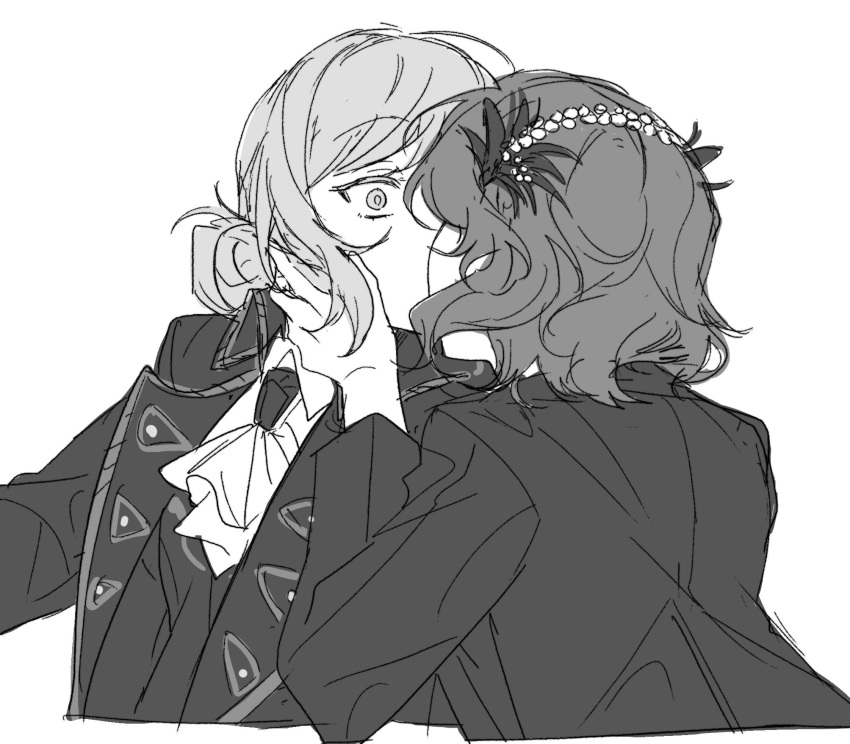 2girls arms_up ascot coat greyscale gyeol_124 hair_bun hand_on_another's_face highres jacket kiss long_sleeves monochrome multiple_girls reverse:1999 schneider_(reverse:1999) short_hair single_side_bun upper_body vertin_(reverse:1999) wide-eyed yuri