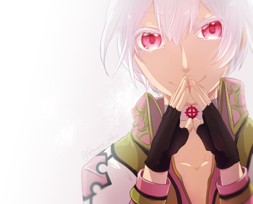 1boy alternate_color arch_bishop_(ragnarok_online) black_gloves capelet choker closed_mouth collared_shirt colored_eyelashes commentary_request cross cross_of_prontera fingerless_gloves flowery_peko gloves gold_trim hair_between_eyes looking_at_viewer male_focus medium_bangs official_alternate_costume pink_eyes pink_shirt ragnarok_online shirt short_hair simple_background smile solo steepled_fingers twitter_username upper_body white_background white_capelet white_choker white_hair