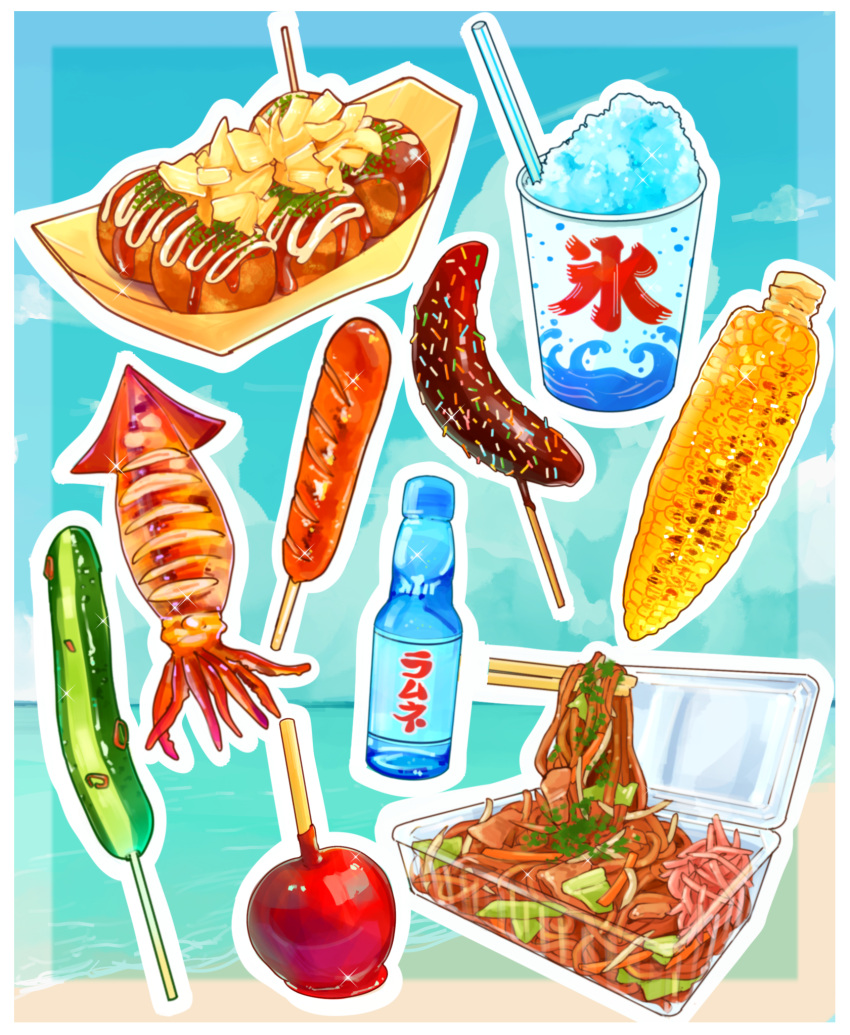 banana bottle candy_apple chocolate_banana chopsticks corn_cob drinking_straw food food_focus fried_squid fruit highres miri_illust no_humans noodles original sausage shaved_ice sprinkles takoyaki vegetable