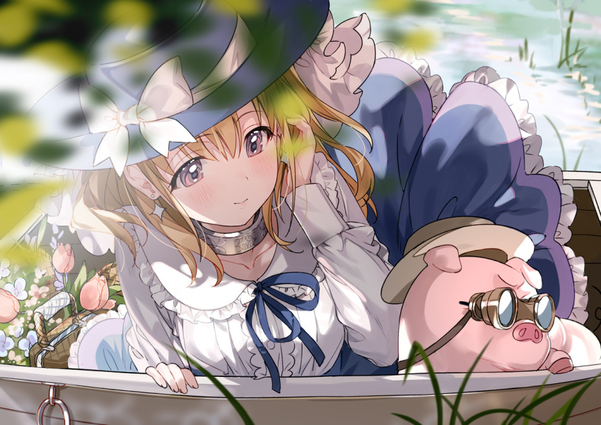 1girl adjusting_hair almic animal basket blonde_hair blue_headwear blue_ribbon blue_skirt blush boat bow brown_eyes brown_headwear buta_no_liver_wa_kanetsu_shiro closed_mouth collar collarbone earrings flower hair_between_eyes jess_(buta_no_liver_wa_kanetsu_shiro) jewelry long_hair long_sleeves metal_collar pig pig_(buta_no_liver_wa_kanetsu_shiro) pink_flower ribbon rowboat shirt skirt smile star_(symbol) star_earrings water watercraft white_bow white_shirt