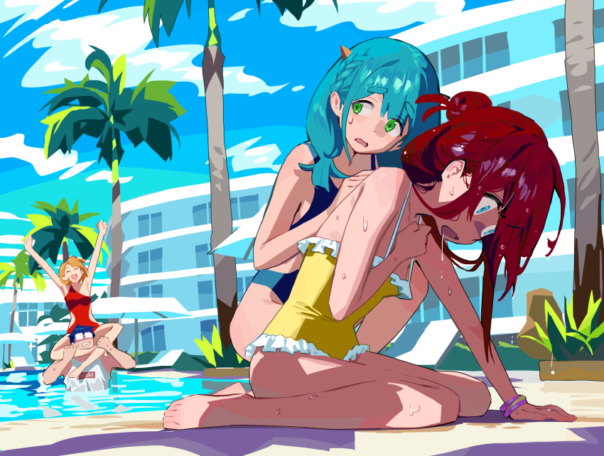 1boy 3girls aqua_hair arm_support arms_up barefoot blue_eyes blue_hair blue_one-piece_swimsuit braid breasts brown_hair carrying closed_eyes collarbone commentary_request eyelashes feet frilled_one-piece_swimsuit frills full_body green_eyes hand_up highres hipa_(some1else45) horns legs long_hair looking_back looking_down medium_breasts medium_hair multiple_girls nahia_(some1else45) one-piece_swimsuit open_mouth original outdoors palm_tree partially_submerged poolside red_hair red_one-piece_swimsuit sekoshi_(some1else45) shirt shoulder_carry sidelocks sitting small_breasts some1else45 sweatdrop swimsuit thick_eyebrows toes tree twintails wariza white_shirt yellow_one-piece_swimsuit