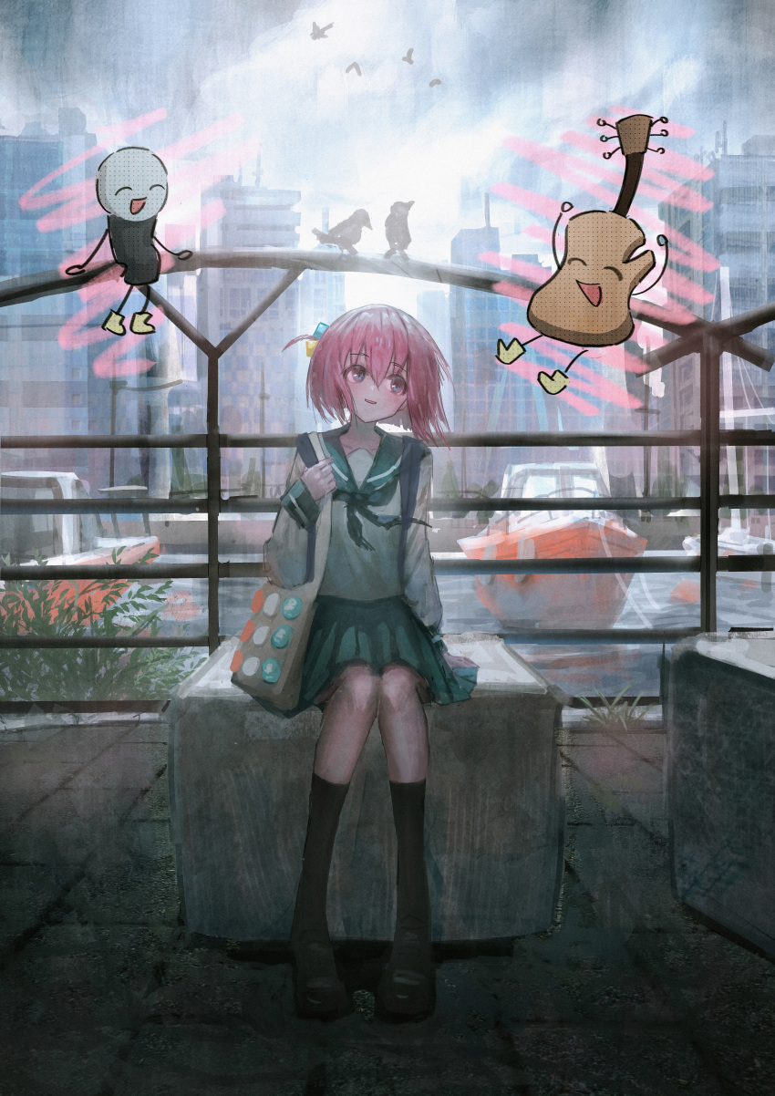 1girl absurdres bag bird black_footwear black_socks blue_eyes blue_sailor_collar blue_skirt bocchi_the_rock! building canal city cloud cloudy_sky cube_hair_ornament gotoh_hitori guitar hair_ornament highres instrument kravt12 microphone one_side_up outdoors pink_hair sailor_collar school_uniform serafuku short_hair sitting skirt sky socks solo tote_bag water watercraft