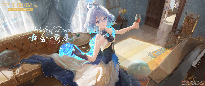 &gt;_&lt; 3girls black_gloves blue_dress blue_eyes blue_hair boots bottle chair character_request closed_mouth couch cup curtains door dress drinking_glass drop-shaped_pupils flower furina_(genshin_impact) genshin_impact gloves gradient_hair grey_hair heterochromia highres holding holding_cup indoors multicolored_clothes multicolored_dress multicolored_hair multiple_girls paimon_(genshin_impact) purple_eyes scenery short_hair single_glove smile solo_focus table thigh_boots wboss web_address white_dress white_hair wine_glass