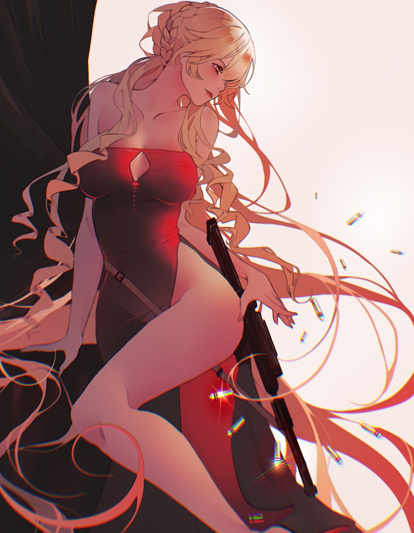 1girl assault_rifle bare_shoulders blonde_hair blush braid breasts bullpup closed_mouth collarbone dress girls'_frontline gun highres holding holding_gun holding_weapon lips long_hair looking_down medium_breasts official_alternate_costume orange_eyes ots-14_(girls'_frontline) ots-14_(ruler_of_the_banquet)_(girls'_frontline) ots-14_groza red_dress rifle sanya_(sanya_lox228) shell_casing side_braid solo standing submachine_gun thighs weapon