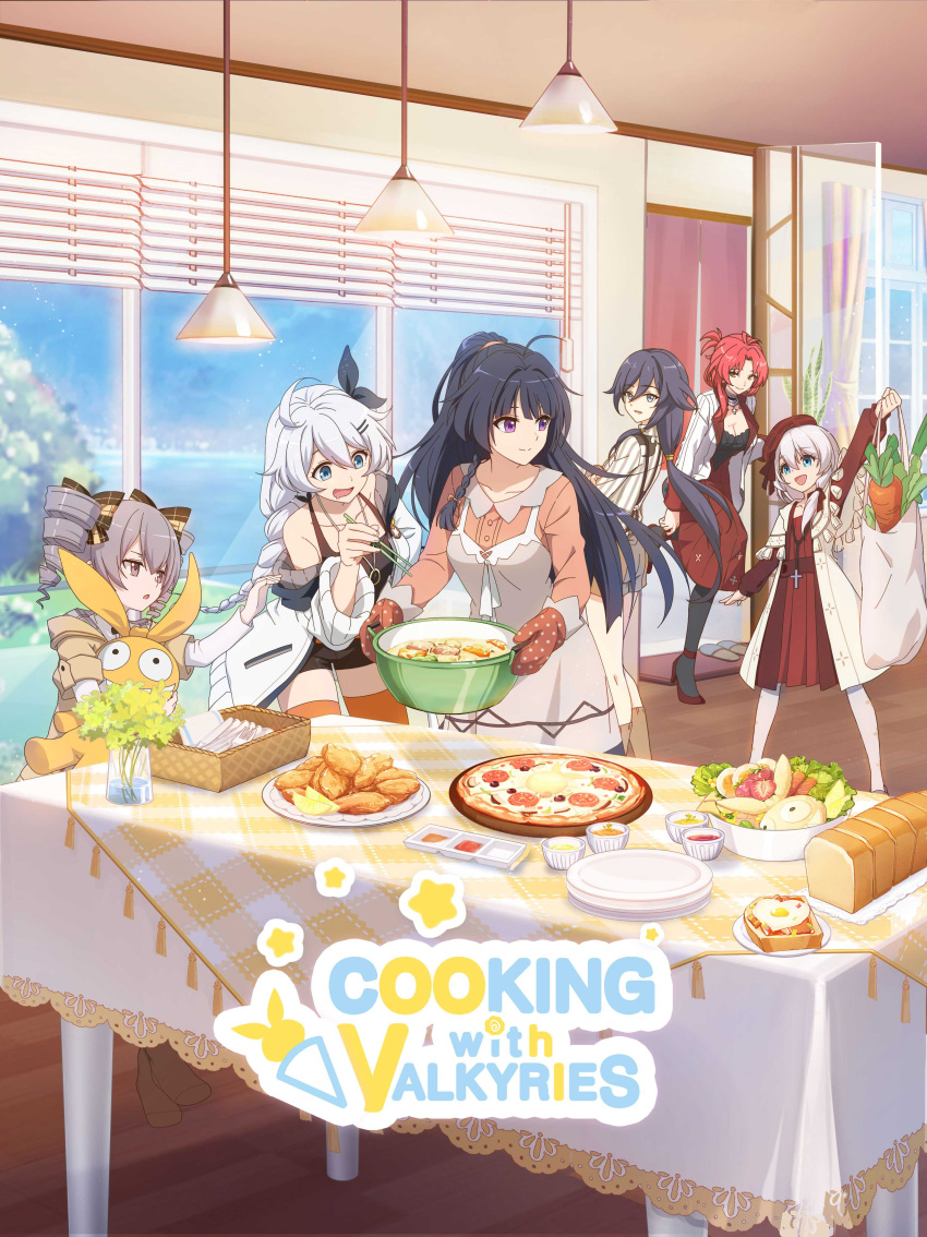 6+girls :d :o absurdres ahoge apron aqua_eyes arm_up armpit_crease badge bag black_bow black_camisole black_hair black_shorts blue_eyes blue_hair bow bowl bowtie braid bread breasts bronya_zaychik brown_jacket brown_socks button_badge buttons camisole cardigan_vest carrot ceiling_light chopsticks circlet cleavage closed_mouth collarbone collared_shirt cooking_pot cross cross_necklace cross_print curtains door doormat doorway dress drill_hair drooling egg_(food) flat_chest food fork fruit fu_hua grey_apron grey_hair hair_bow hair_flaps hair_ornament hairpin high_heels highres holding holding_bag holding_chopsticks holding_cooking_pot honkai_(series) honkai_impact_3rd hood hooded_jacket hugging_doll hugging_object indoors jacket jewelry kiana_kaslana knee_up lace_trim leg_up lemon lemon_slice long_braid long_hair long_sleeves looking_ahead looking_at_another looking_to_the_side low_ponytail mittens mole mole_on_breast mouth_drool multiple_girls murata_himeko napkin neck_ring necklace off_shoulder official_art open_door orange_shirt orange_thighhighs outstretched_arm oven_mitts parted_lips pizza plaid plaid_bow plaid_bowtie plant plate pleated_dress polka_dot ponytail pull_cord purple_eyes raiden_mei reaching red_dress red_hair removing_shoes ring ring_necklace salad sauce shirt shopping_bag short_shorts shorts side_braid side_ponytail sleeves_rolled_up slippers smile snowing socks standing standing_on_one_leg star_(symbol) strappy_heels striped striped_jacket striped_shirt stuffed_toy suspenders table tablecloth tassel theresa_apocalypse thighhighs turning_head twin_drills unworn_slippers vase white_hair white_jacket window window_blinds wooden_floor