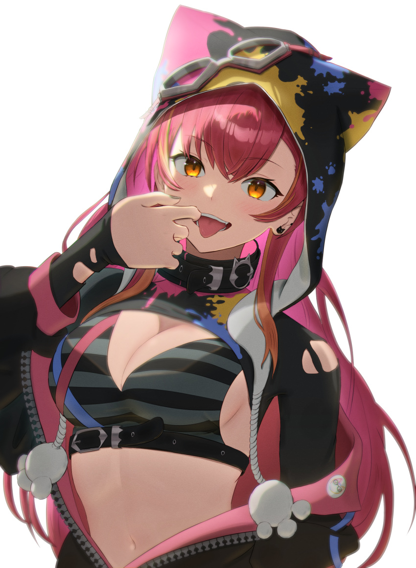 1girl :p animal_hood belt bikini black_belt black_bikini black_collar black_jacket black_nails black_shrug bloom breasts cat_earrings cleavage collar finger_in_own_mouth goggles goggles_on_headwear grey_bikini highres hood hooded_shrug jacket kisaragi_edda large_breasts leaning_to_the_side long_hair long_sleeves looking_at_viewer mouth_pull multicolored_hair navel nekota_tsuna nekota_tsuna_(1st_costume) off_shoulder open_clothes open_jacket orange_eyes orange_hair paint_splatter partially_unzipped red_hair shrug_(clothing) sideboob simple_background smile solo stomach streaked_hair striped striped_bikini swimsuit tongue tongue_out torn_clothes torn_sleeves two-tone_bikini virtual_youtuber vspo! white_background