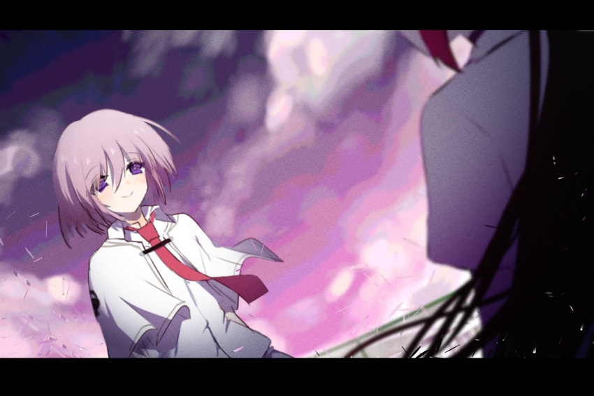 2girls blurry blush capelet closed_mouth collared_shirt commentary_request depth_of_field dutch_angle fence floating_clothes highres long_hair looking_at_another minakami_yuki momokokuma multiple_girls necktie on_roof otonashi_ayana outdoors pink_hair pink_sky purple_eyes red_necktie school_uniform shirt short_hair short_sleeves sky smile subarashiki_hibi upper_body white_capelet white_shirt wind wind_lift