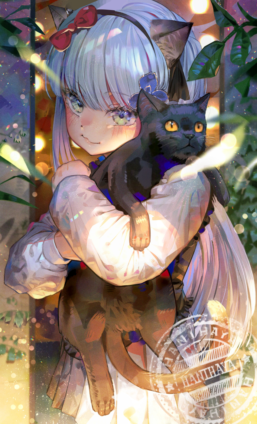 1girl absurdres aged_down animal animal_ears apron artist_name black_apron black_cat black_hairband black_ribbon blue_apron blue_flower blush bow cat cat_ears closed_mouth commentary cowboy_shot dress flower girls'_frontline grey_eyes grey_hair hair_bow hair_flower hair_ornament hair_ribbon hairband hani_haya highres hk416_(black_kitty's_gift)_(girls'_frontline) hk416_(girls'_frontline) holding holding_animal holding_cat light_particles long_hair long_sleeves looking_at_viewer plant pleated_dress red_bow ribbon smile solo watermark white_dress