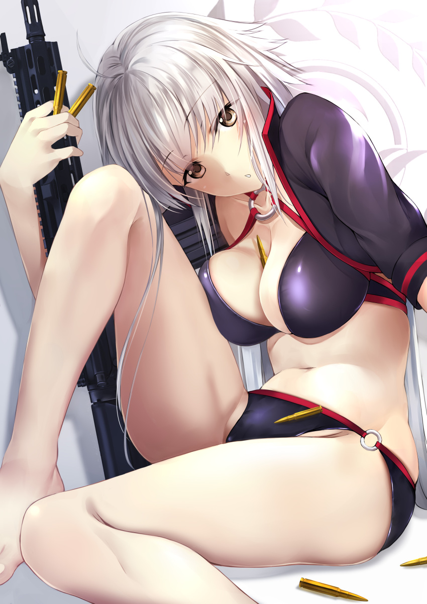 1girl :o absurdres ahoge assault_rifle barefoot between_breasts between_fingers bikini black_bikini black_jacket breasts brown_eyes cartridge cleavage cropped_jacket fate/grand_order fate_(series) groin groin_tendon gun h&amp;k_hk416 hazuki_gyokuto head_tilt highres holding holding_gun holding_weapon jacket jeanne_d'arc_alter_(fate) knee_to_face knee_up large_breasts looking_at_viewer looking_to_the_side navel o-ring o-ring_bikini open_clothes open_jacket parted_lips rifle shadow short_hair sitting solo swimsuit thighs weapon white_hair