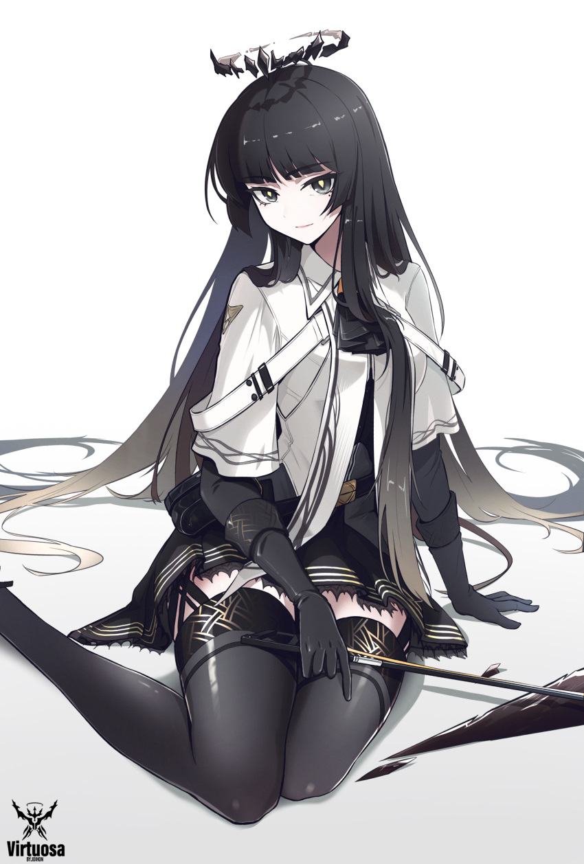 1girl absurdres arknights arm_on_thigh arm_rest arm_support artist_name ascot belt belt_buckle belt_pouch black_ascot black_belt black_bustier black_eyes black_garter_straps black_gloves black_hair black_halo black_pouch black_skirt black_thighhighs blonde_hair blunt_bangs bow_(music) breasts broken_halo buckle bustier buttons character_name collared_jacket colored_inner_hair commentary dark_halo dress_shirt emblem film_grain foot_out_of_frame foreshortening garter_straps gloves gradient_background grey_hair grey_shirt hair_flowing_over hair_spread_out halo highres hime_cut holding holding_bow_(music) invisible_floor jacket joihon layered_sleeves lips lipstick logo long_hair long_sleeves looking_at_viewer makeup medium_breasts miniskirt mole mole_under_eye multicolored_hair pale_skin pink_lips pleated_skirt pouch shadow shards shiny_clothes shiny_legwear shirt short_over_long_sleeves short_sleeved_jacket short_sleeves sidelocks simple_background sitting sitting_sideways skirt solo straight_hair thighhighs thighs very_long_hair virtuosa_(arknights) white_background white_belt white_jacket wide_sleeves wing_collar yellow_pupils zettai_ryouiki