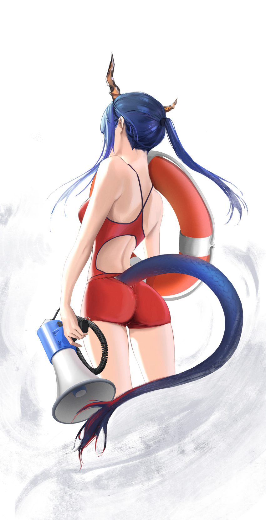 1girl absurdres arknights ass blue_hair breasts ch'en_(arknights) commentary dragon_girl dragon_horns dragon_tail floating_hair from_behind highres horns lifeguard long_hair medium_breasts megaphone ponytail sidelocks solo tail tflop_(tea_flop) white_background