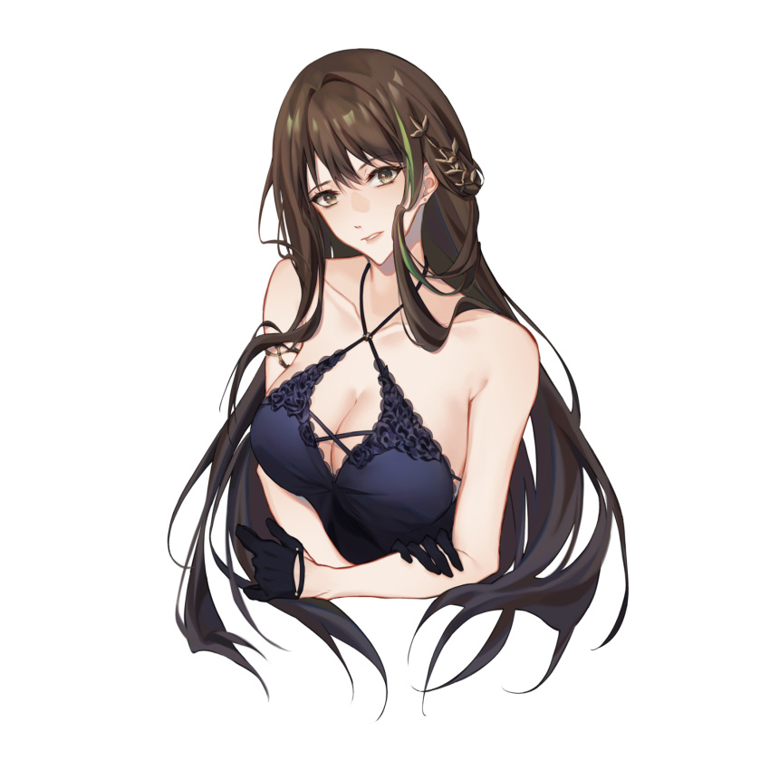 1girl bare_shoulders black_gloves breasts brown_eyes brown_hair cleavage collarbone cropped_torso crossed_arms dress girls'_frontline gloves highres long_hair looking_at_viewer m4a1_(girls'_frontline) m4a1_(suspender_of_time)_(girls'_frontline) medium_breasts multicolored_hair official_alternate_costume open_mouth parted_lips purple_dress shinyuxo sleeveless sleeveless_dress solo streaked_hair upper_body white_background