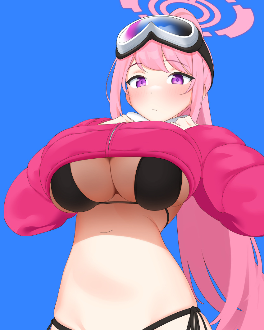 1girl absurdres arcbun bikini black_bikini blue_archive blue_background blush breasts closed_mouth eimi_(blue_archive) eimi_(swimsuit)_(blue_archive) goggles goggles_on_head halo high_ponytail highres jacket long_hair long_sleeves looking_at_viewer pink_hair purple_eyes red_jacket side-tie_bikini_bottom simple_background solo swimsuit underboob zipper