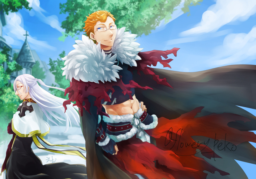 2boys abs arch_bishop_(ragnarok_online) black_cape black_coat black_gloves black_pants black_shirt blonde_hair blue_eyes blue_sky cape capelet closed_mouth cloud coat commentary_request cowboy_shot crop_top cross day flowery_peko fur_collar gloves hand_on_own_hip long_hair looking_at_viewer male_focus midriff multiple_boys navel official_alternate_costume outdoors pants ponytail ragnarok_online rectangular_eyewear red_cape rimless_eyewear shadow_chaser_(ragnarok_online) shirt sky smile toned toned_male torn_cape torn_clothes tree twitter_username waist_cape white_capelet white_hair zipper