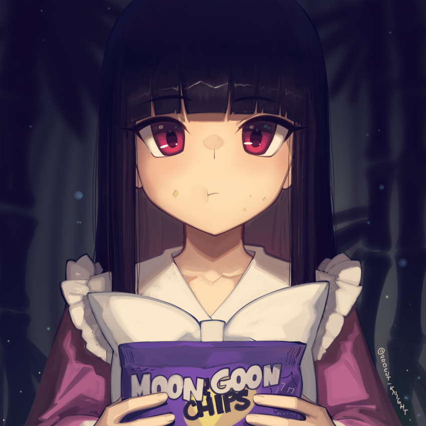 1girl bag bag_of_chips black_hair blunt_bangs boa_(brianoa) bow bowtie chewing closed_mouth collar collared_shirt commentary crumbs dark_background eating english_text fingernails food forest frilled_shirt_collar frills highres hime_cut holding holding_bag holding_food houraisan_kaguya long_hair long_sleeves looking_at_viewer nature outdoors pink_shirt pink_sleeves red_eyes romaji_commentary shirt solo straight-on straight_hair touhou twitter_username upper_body white_bow white_bowtie white_collar