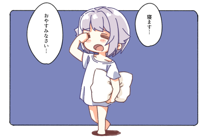 1girl barefoot blue_background blush_stickers carrying carrying_under_arm closed_eyes grey_hair hair_flaps hair_intakes hand_up idolmaster idolmaster_cinderella_girls idolmaster_cinderella_girls_starlight_stage koshimizu_sachiko open_mouth pillow rubbing_eyes shadow shirt short_sleeves solo standing translation_request two-tone_background walking white_background white_shirt yukie_(kusaka_shi)