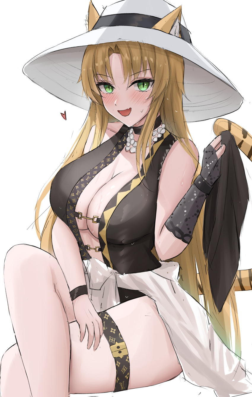 1girl :d absurdres animal_ears arknights black_one-piece_swimsuit blonde_hair blush breasts center_opening cleavage clothes_around_waist crossed_legs ears_through_headwear fang green_eyes hat highres holding_shorts invisible_chair large_breasts long_hair namikare official_alternate_costume one-piece_swimsuit open_mouth shirt shirt_around_waist shorts simple_background sitting skin_fang smile solo swimsuit swire_(arknights) tail tiger_ears tiger_girl tiger_tail unworn_shorts very_long_hair white_background white_headwear
