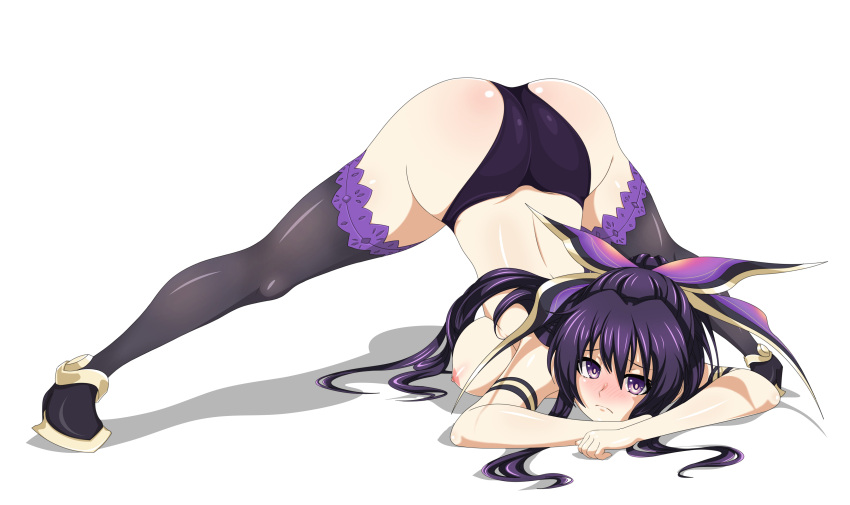 1girl absurdres ass black_panties black_thighhighs blush bow breasts closed_mouth commentary_request date_a_live embarrassed hair_bow highres jack-o'_challenge large_breasts looking_at_viewer panties purple_eyes purple_hair shadow solo thighhighs thighs underwear white_background wide_hips yato_hebi yatogami_tooka