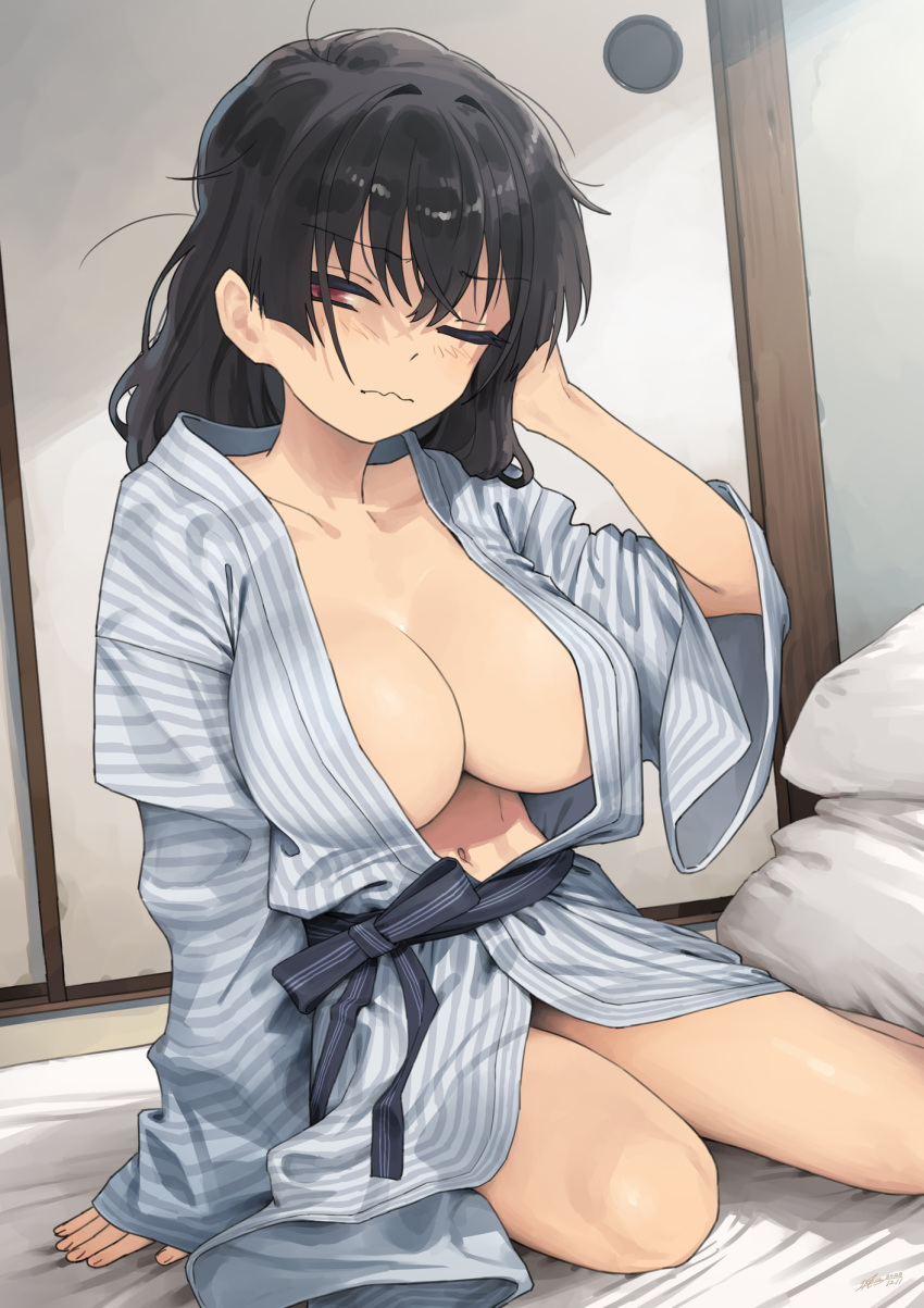 1girl black_hair blush breasts closed_mouth collarbone commentary_request fingernails gaki_kyonyuu hair_down highres indoors japanese_clothes kaedeko_(kaedelic) kimono large_breasts looking_at_viewer medium_hair navel one_eye_closed oppai_loli pillow red_eyes sasaki_kanna_(kaedeko) sitting solo striped striped_kimono thighs wavy_mouth white_kimono yukata