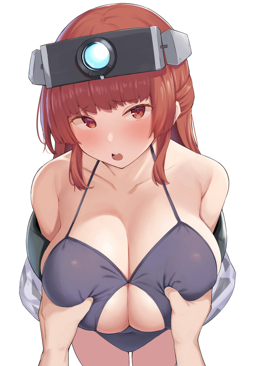 1boy 1girl :o bare_shoulders blush breasts breasts_squeezed_together cleavage goggles goggles_on_head grabbing grabbing_another's_breast groping hetero highres huge_breasts last_origin leprechaun_(last_origin) looking_at_viewer narodenden off_shoulder open_mouth pov red_eyes red_hair simple_background solo_focus white_background