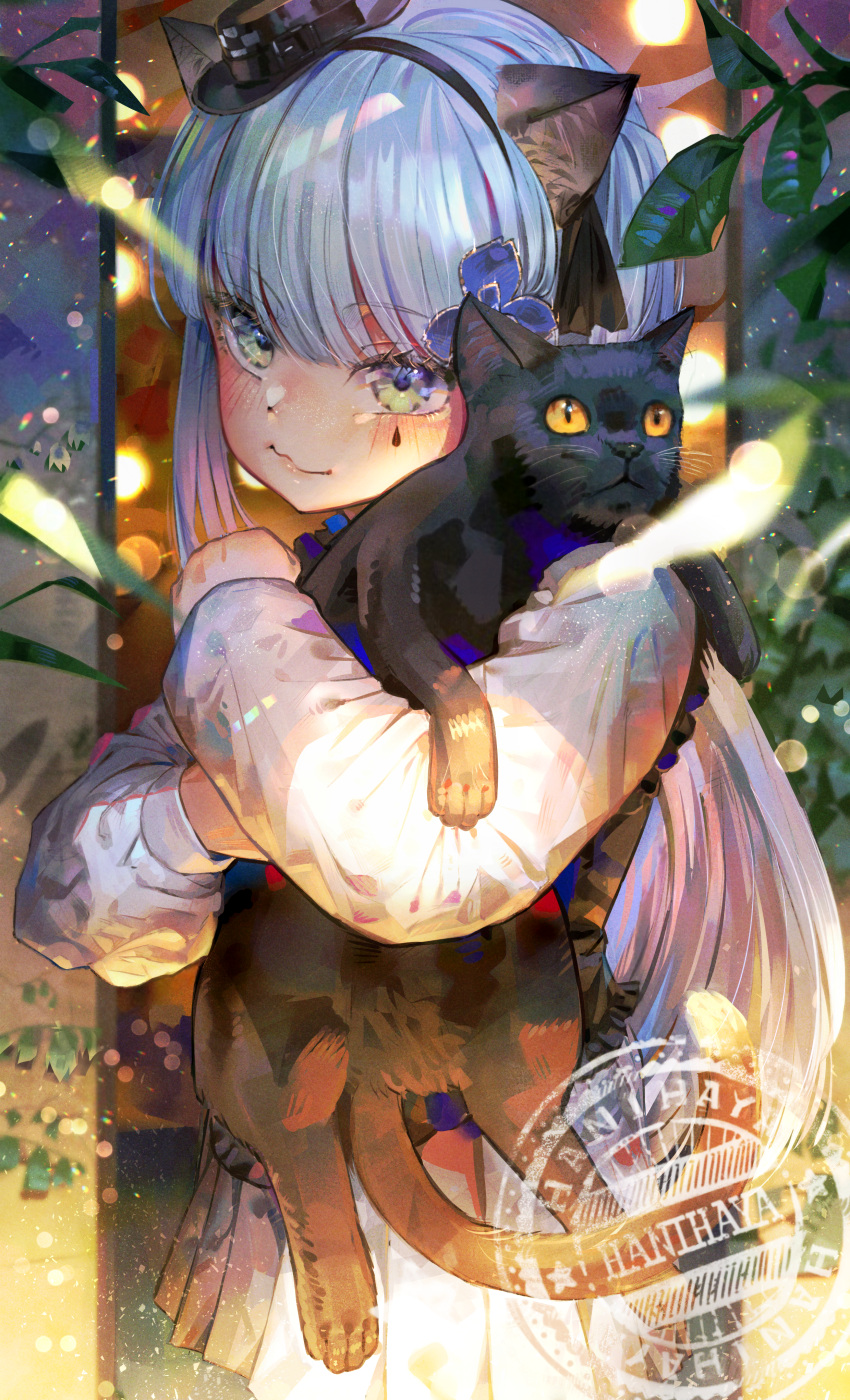 1girl absurdres aged_down animal animal_ears apron artist_name black_apron black_cat black_hairband black_headwear black_ribbon blue_apron blue_flower blush cat cat_ears closed_mouth commentary cowboy_shot dress english_commentary facial_tattoo flower girls'_frontline grey_eyes grey_hair hair_flower hair_ornament hair_ribbon hairband hani_haya hat highres hk416_(black_kitty's_gift)_(girls'_frontline) hk416_(girls'_frontline) holding holding_animal holding_cat light_particles long_hair long_sleeves looking_at_viewer mini_hat official_alternate_costume plant pleated_dress ribbon smile solo tattoo teardrop_tattoo watermark white_dress