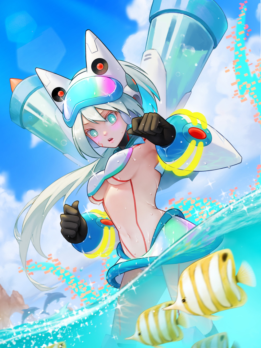 1girl absurdres blue_eyes blush body_markings breasts dolphin facial_mark fish highres ico_(megaman_x_dive) mechanical_arms mega_man_(series) mega_man_x_(series) mega_man_x_dive nao_(gatita) ocean robot_girl swimsuit tagme underboob water white_hair